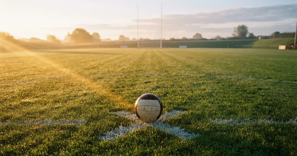 A ball on the centre spot of a grass pitch in morning light