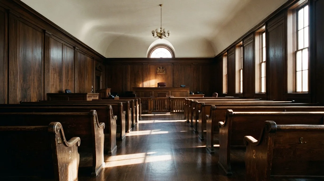 An empty courtroom with wooden benches in morning light