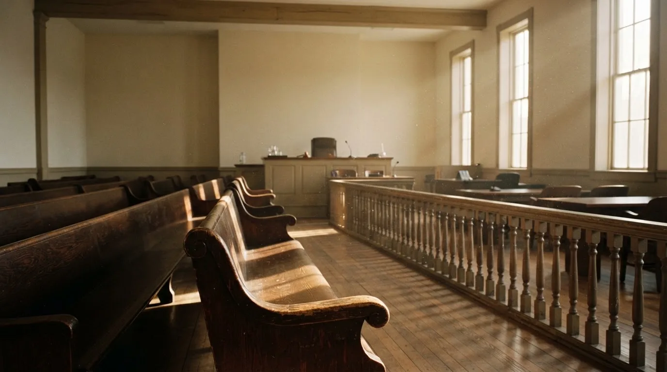 An empty courtroom with wooden benches in morning light