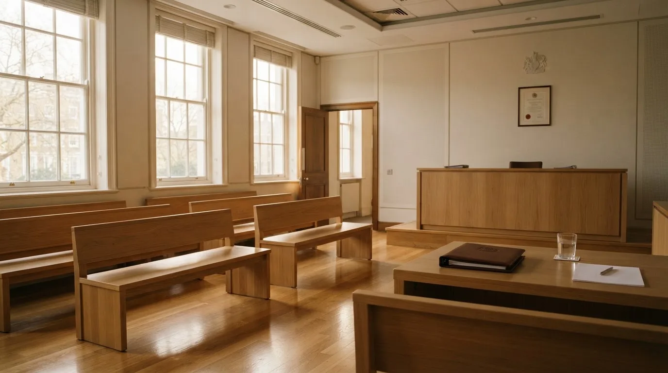 An empty courtroom with wooden benches in morning light