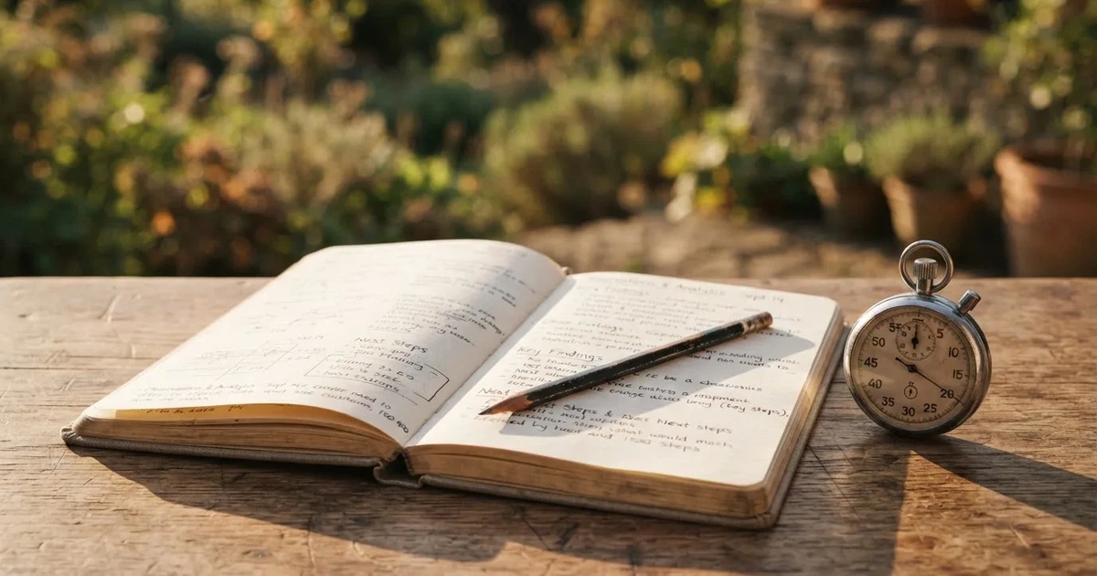 An open notebook with a pencil and a stopwatch on a wooden table