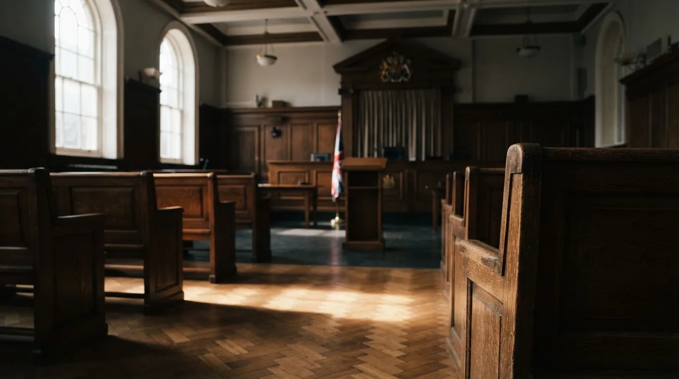 An empty courtroom with wooden benches in morning light