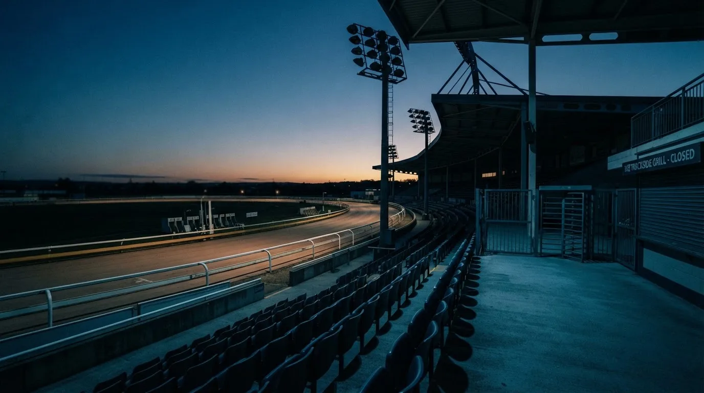 An empty football stadium with floodlight masts at dusk