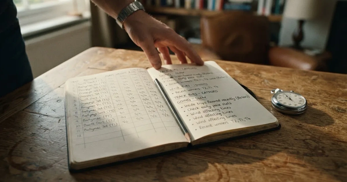 An open notebook with a pencil and a stopwatch on a wooden table