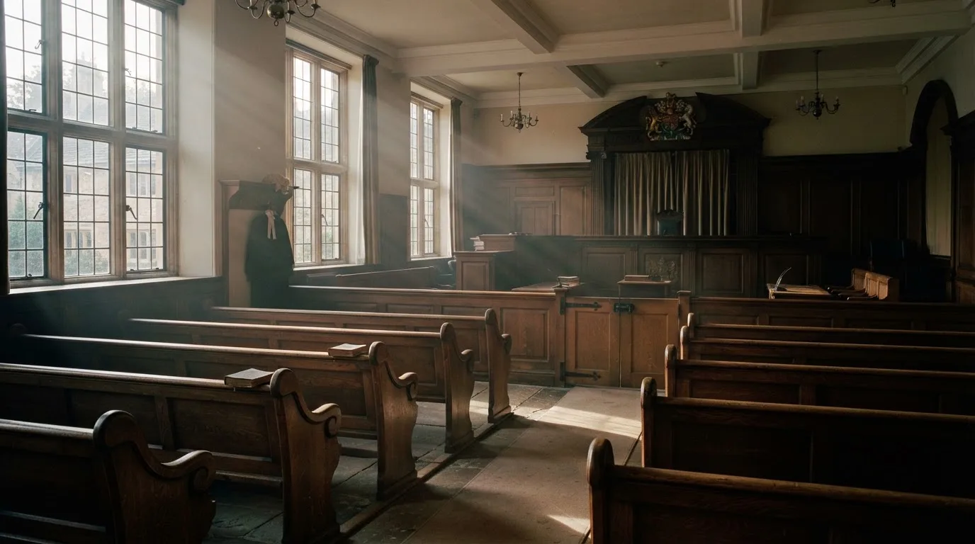 An empty courtroom with wooden benches in morning light