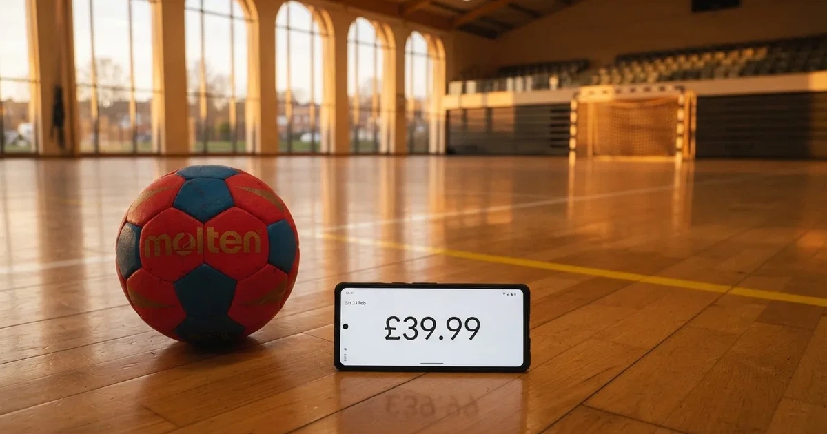 A ball on the centre spot of a grass pitch in morning light