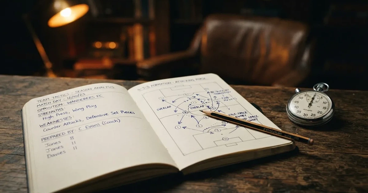 An open notebook with a pencil and a stopwatch on a wooden table
