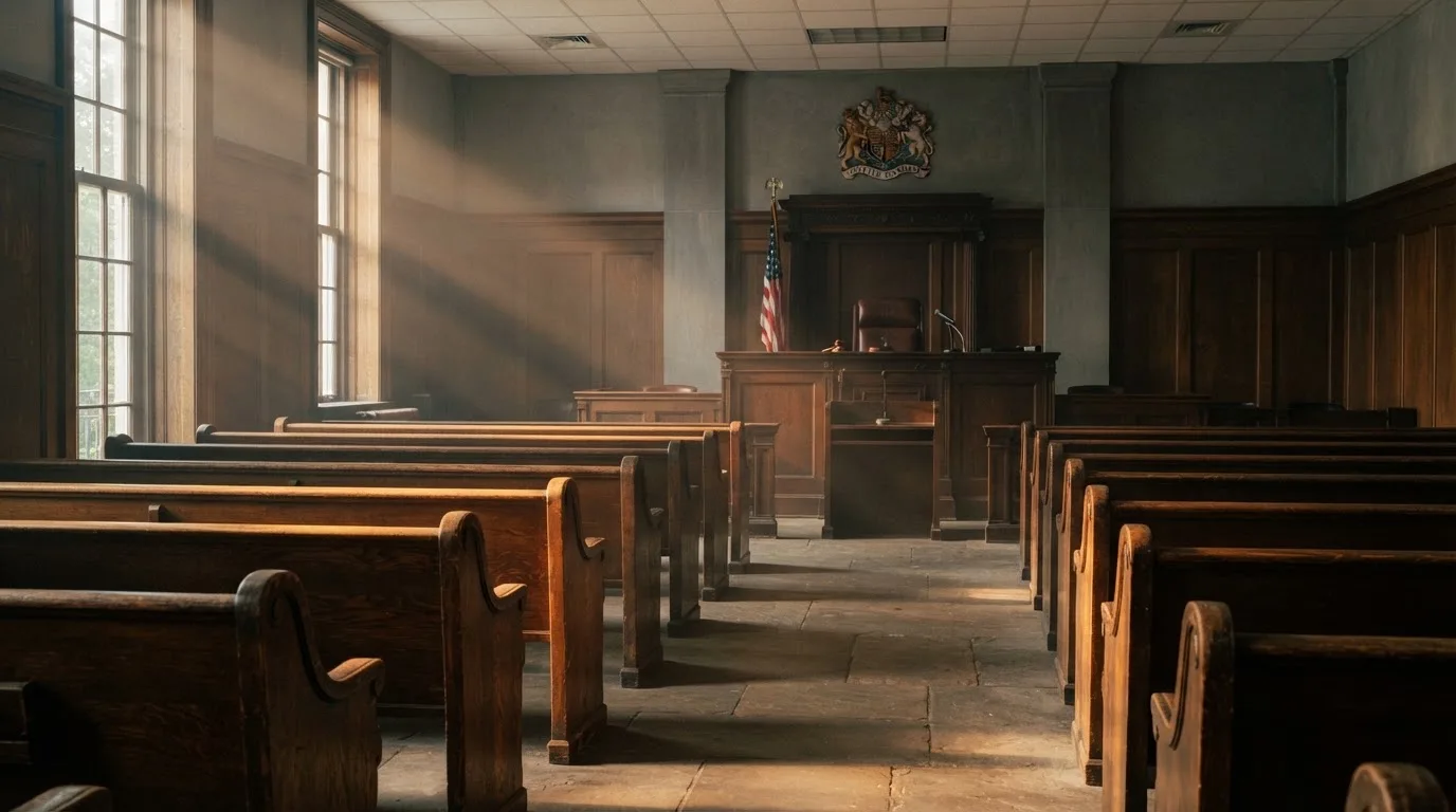An empty courtroom with wooden benches in morning light