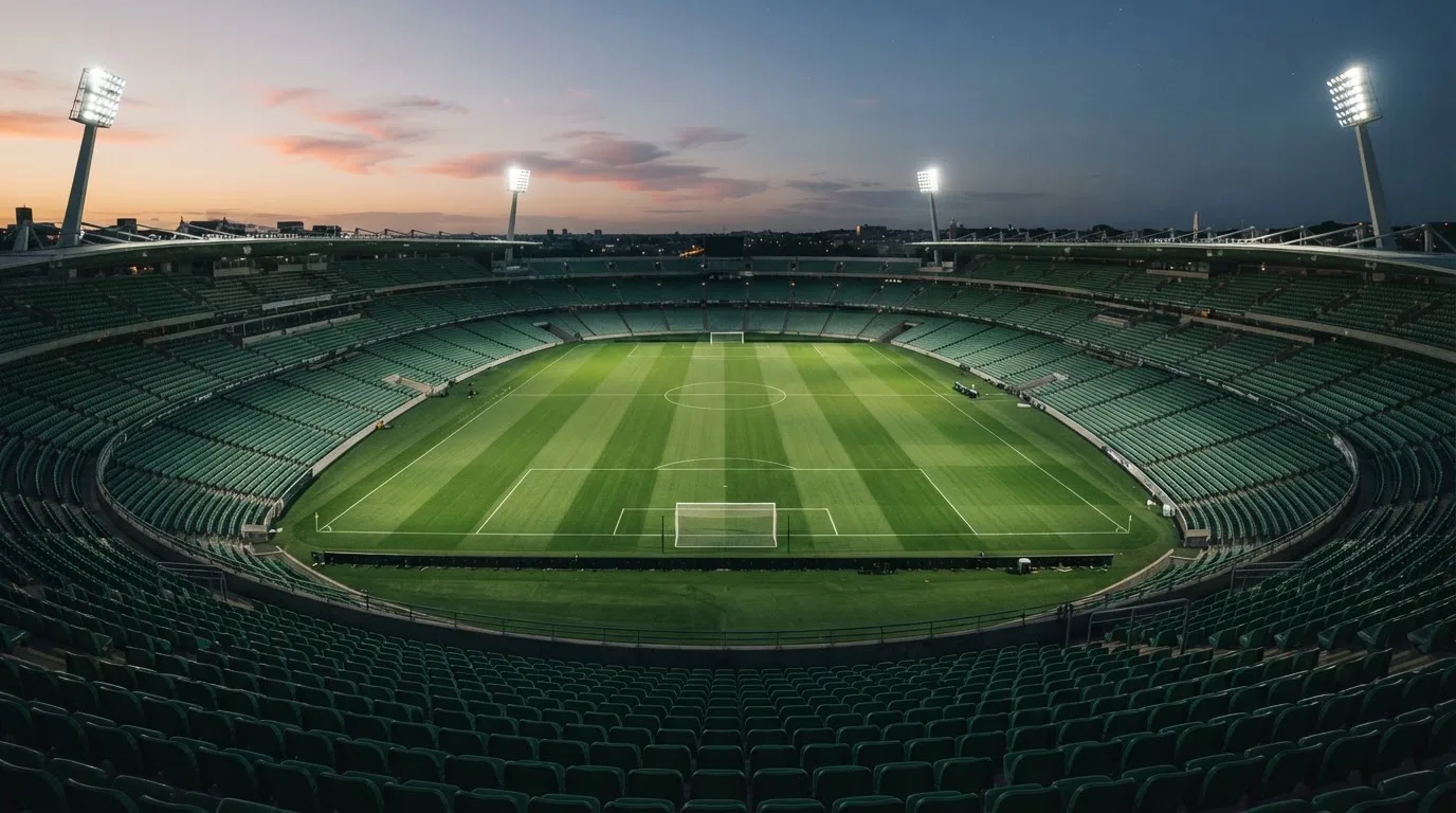 An empty football stadium with floodlight masts at dusk