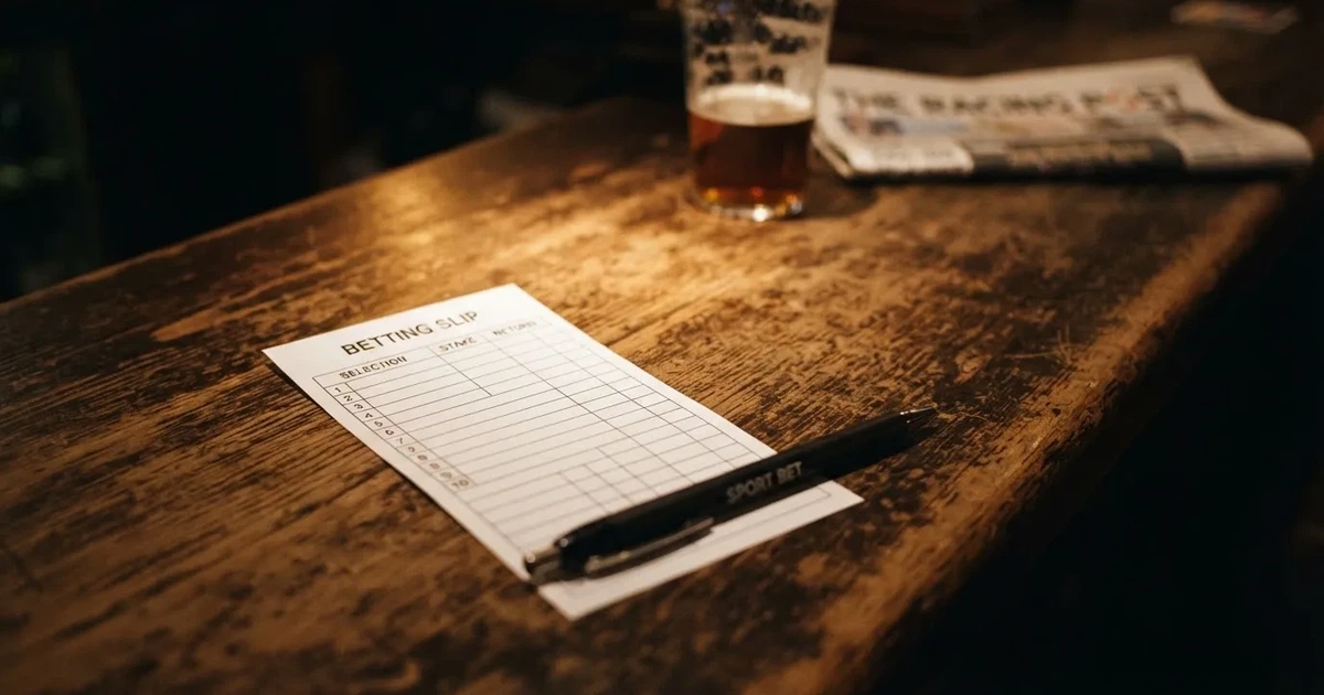 A blank paper betting slip beside a pen on a wooden counter