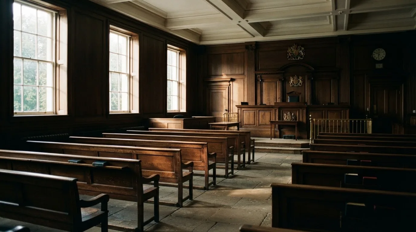 An empty courtroom with wooden benches in morning light