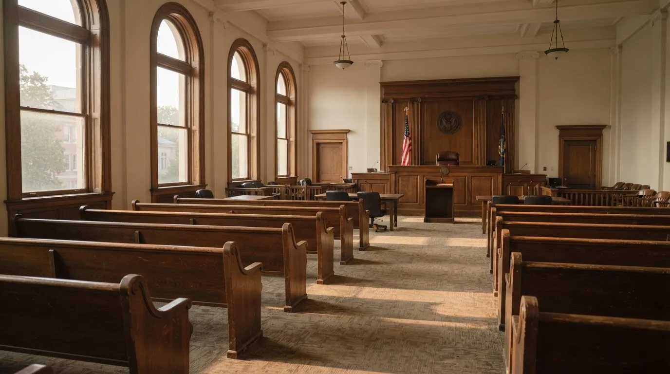 An empty courtroom with wooden benches in morning light