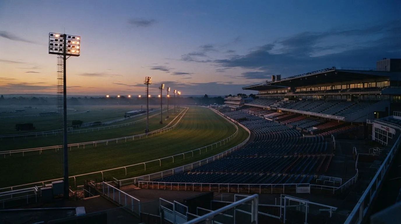 An empty football stadium with floodlight masts at dusk