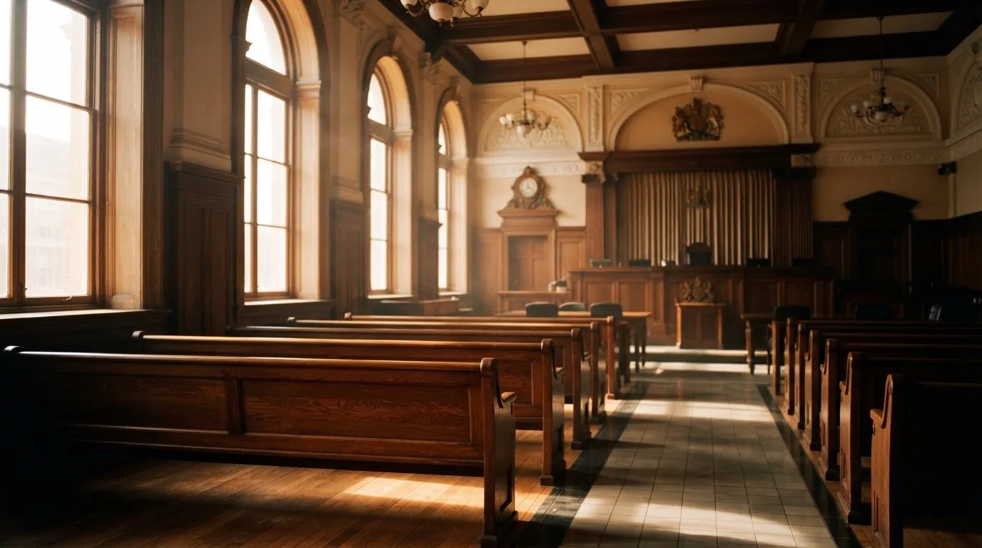 An empty courtroom with wooden benches in morning light
