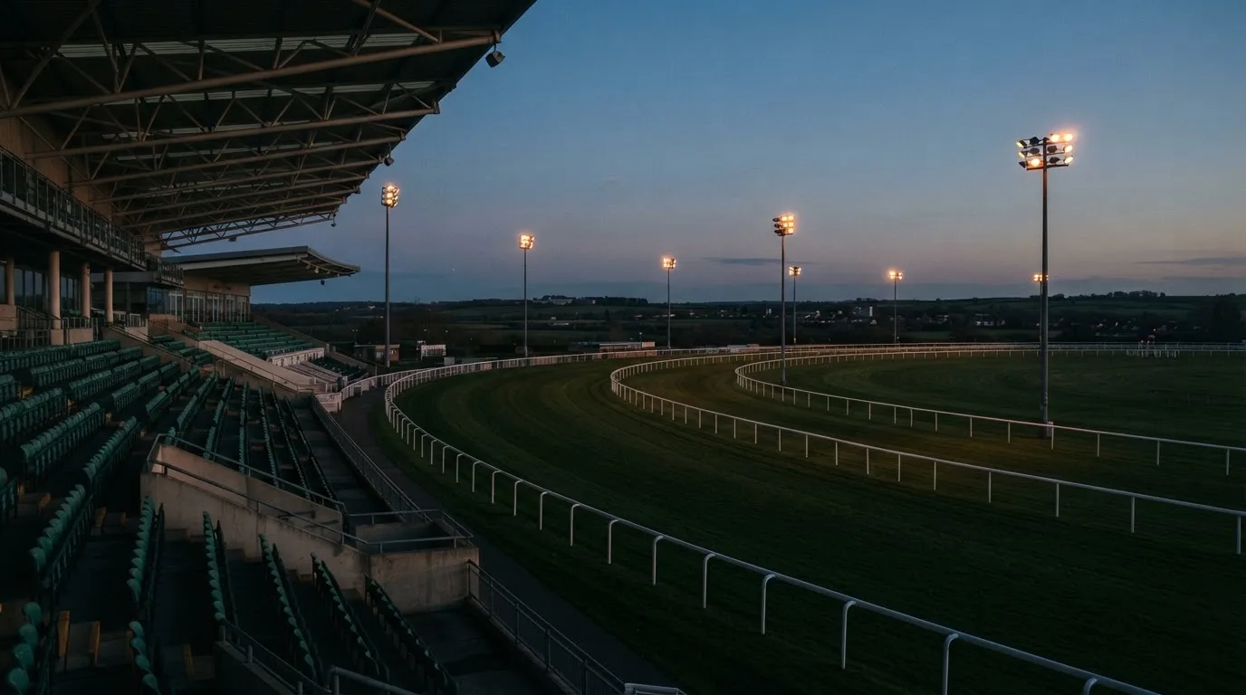 An empty football stadium with floodlight masts at dusk