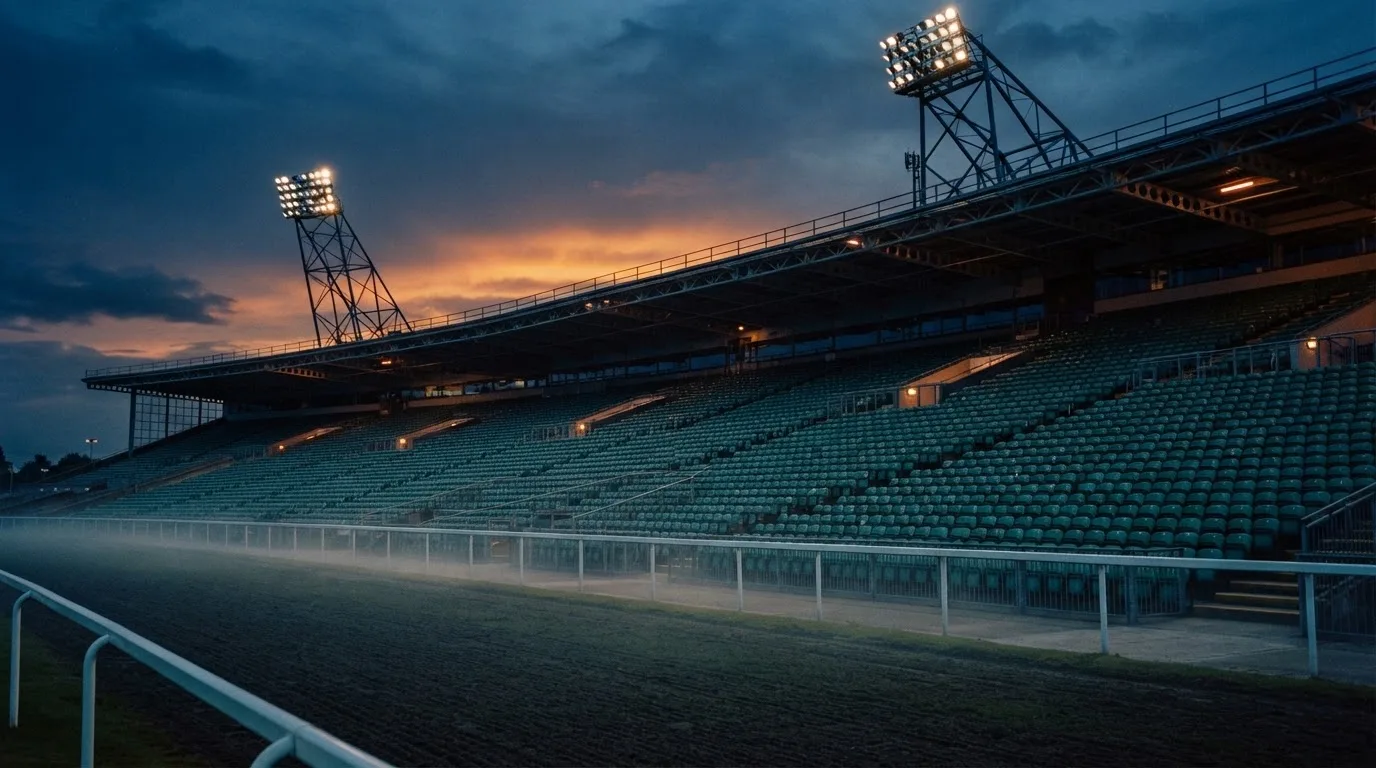 An empty football stadium with floodlight masts at dusk