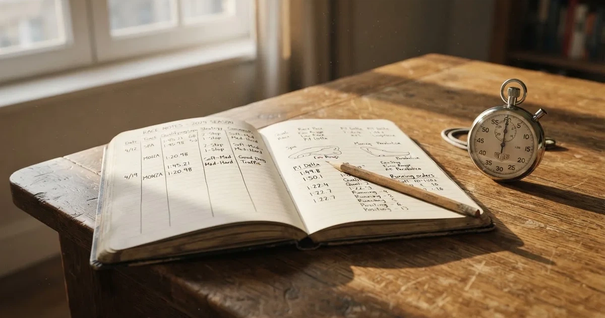 An open notebook with a pencil and a stopwatch on a wooden table