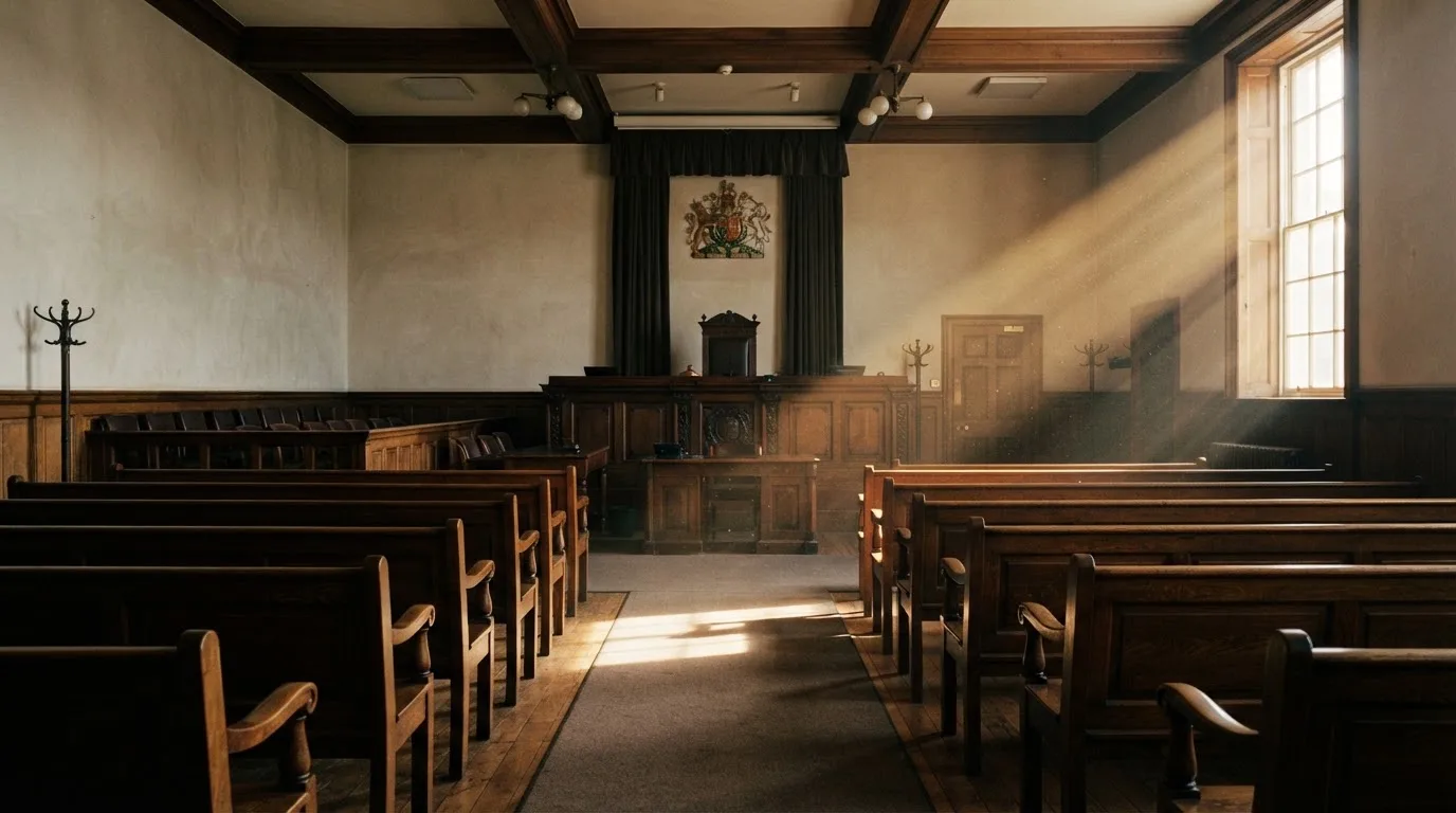 An empty courtroom with wooden benches in morning light