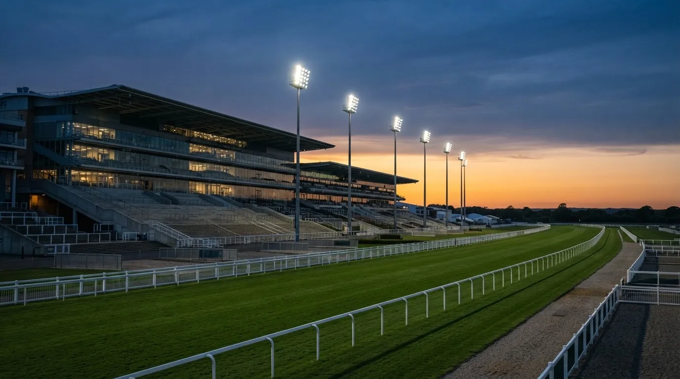 An empty football stadium with floodlight masts at dusk
