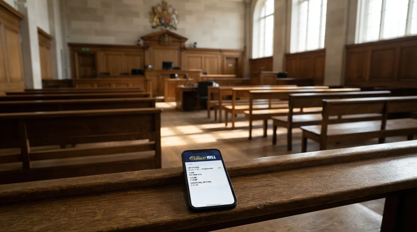An empty courtroom with wooden benches in morning light