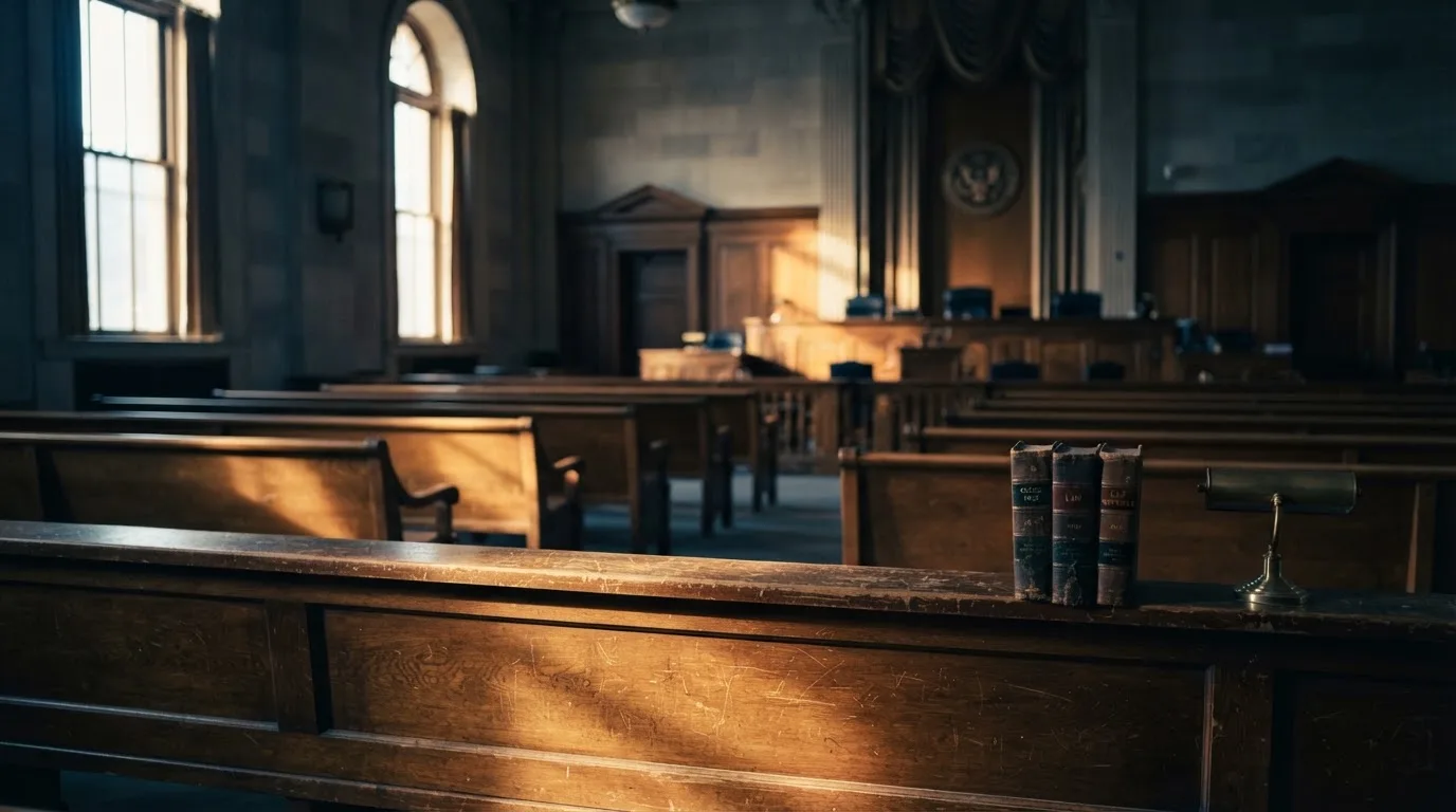 An empty courtroom with wooden benches in morning light