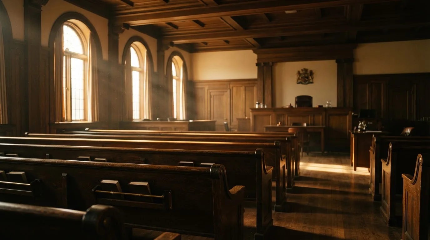 An empty courtroom with wooden benches in morning light