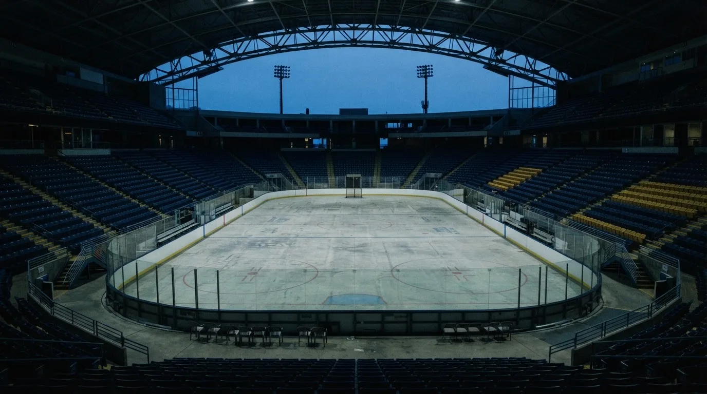 An empty football stadium with floodlight masts at dusk