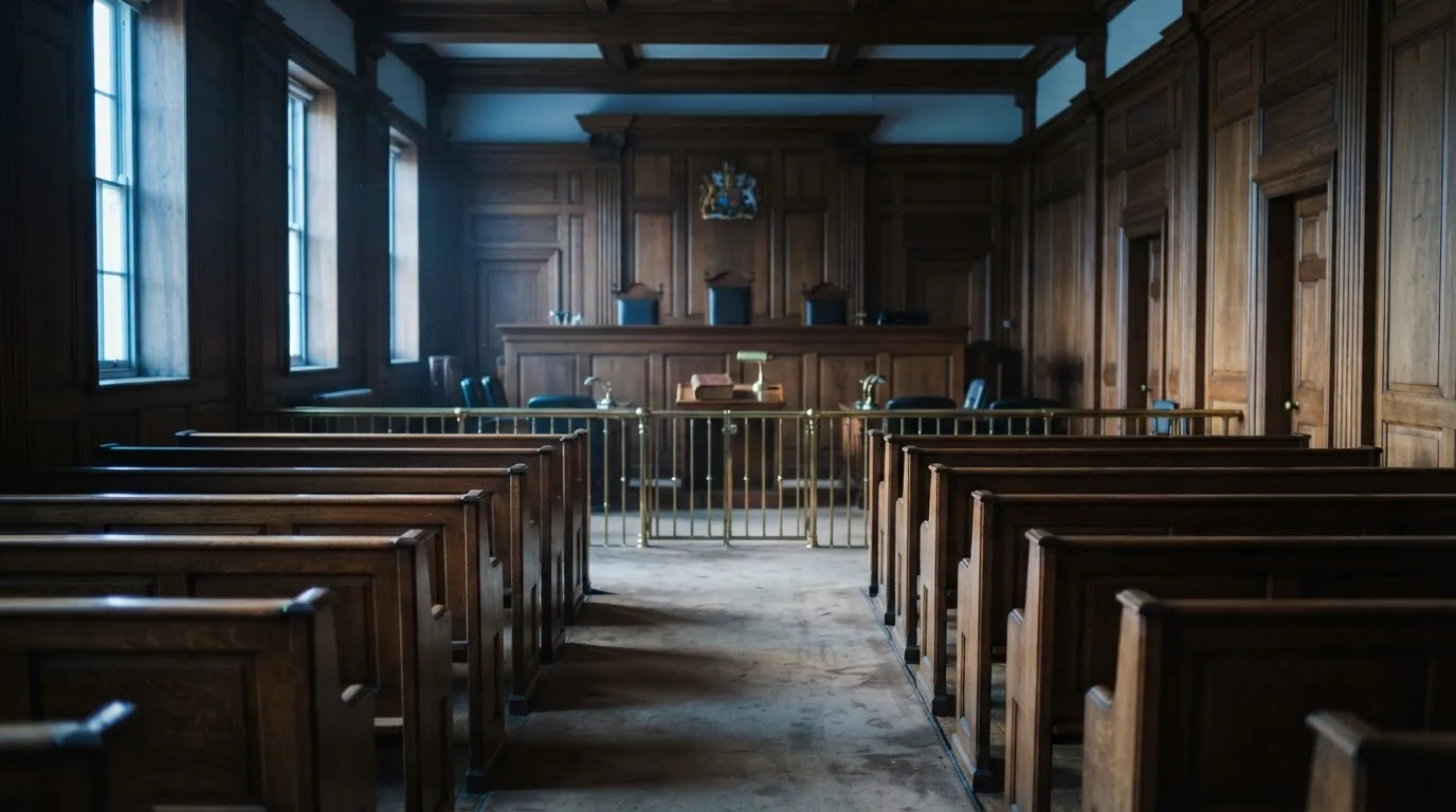 An empty courtroom with wooden benches in morning light