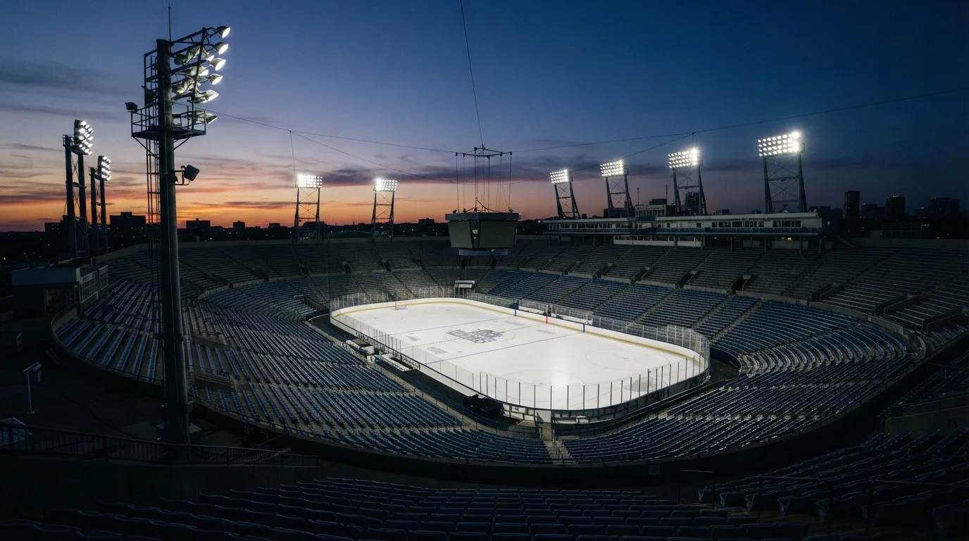 An empty football stadium with floodlight masts at dusk