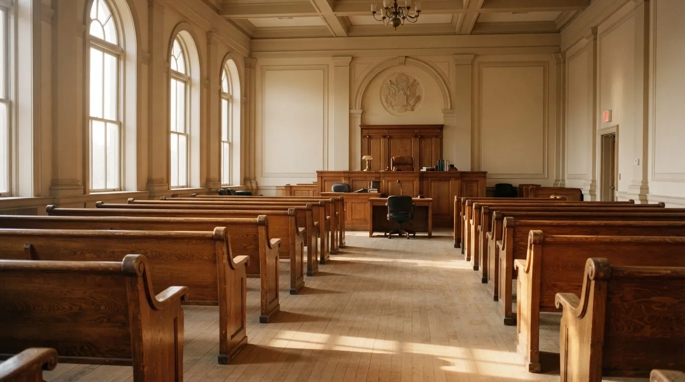 An empty courtroom with wooden benches in morning light