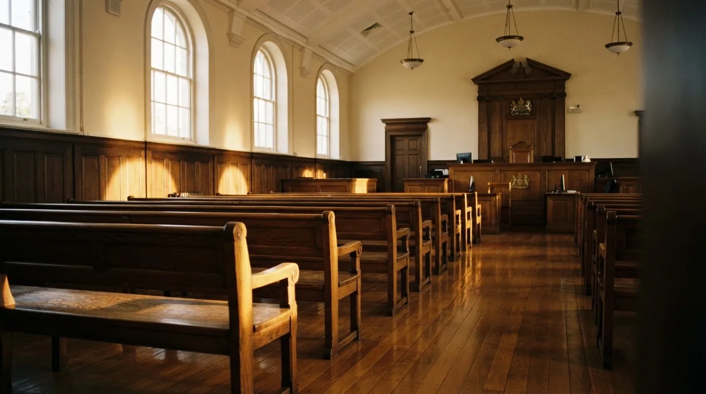 An empty courtroom with wooden benches in morning light