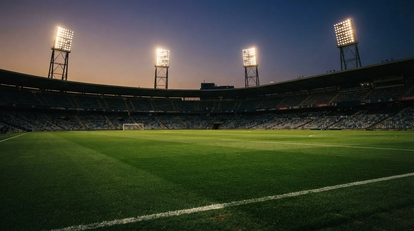 An empty football stadium with floodlight masts at dusk