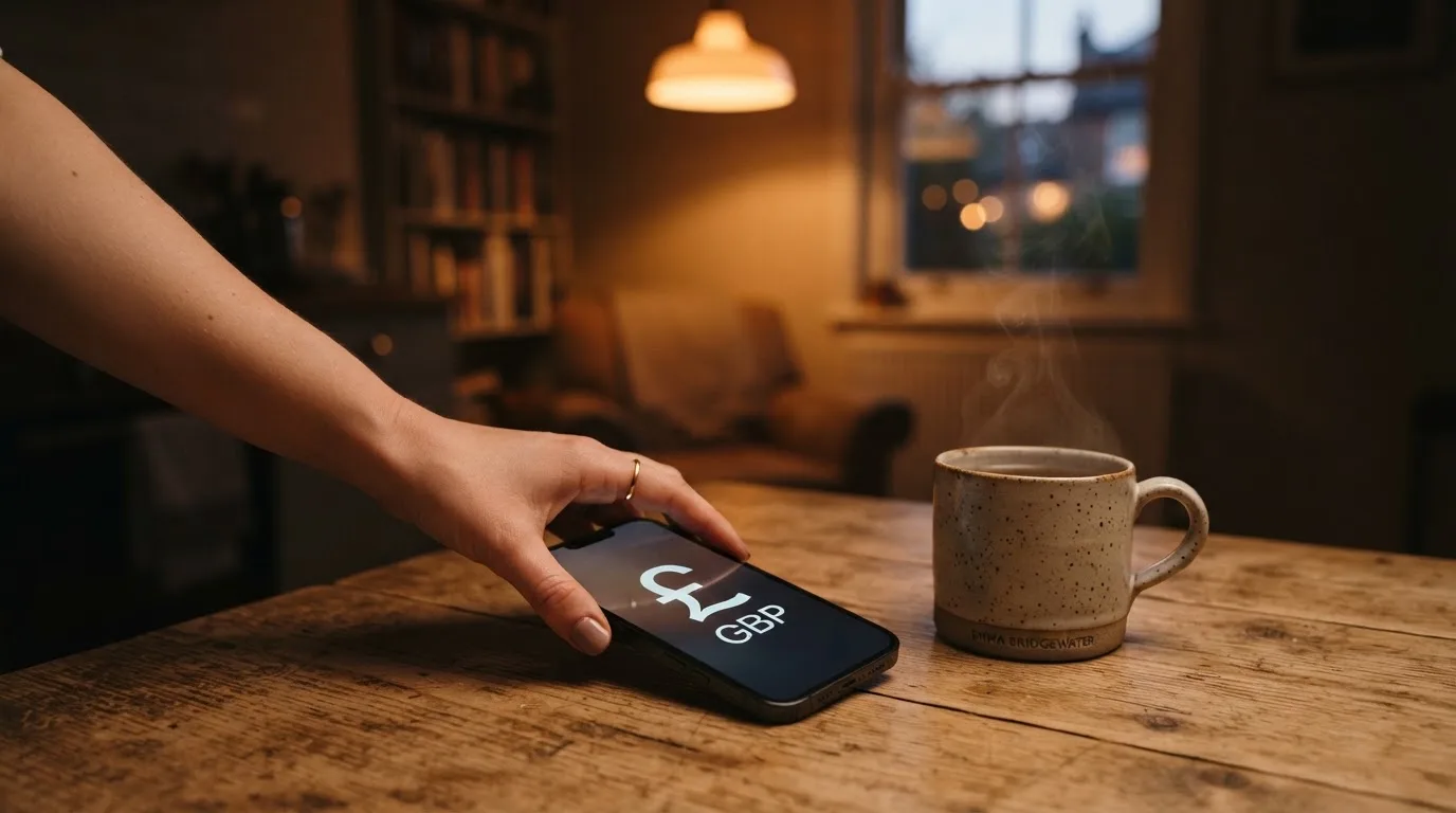 A hand setting a smartphone down beside a cup of tea on a kitchen table on a quiet evening