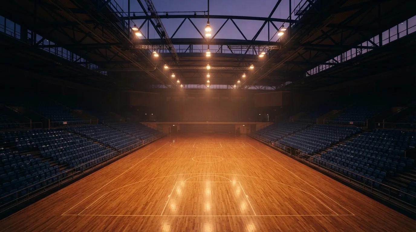 An empty football stadium with floodlight masts at dusk