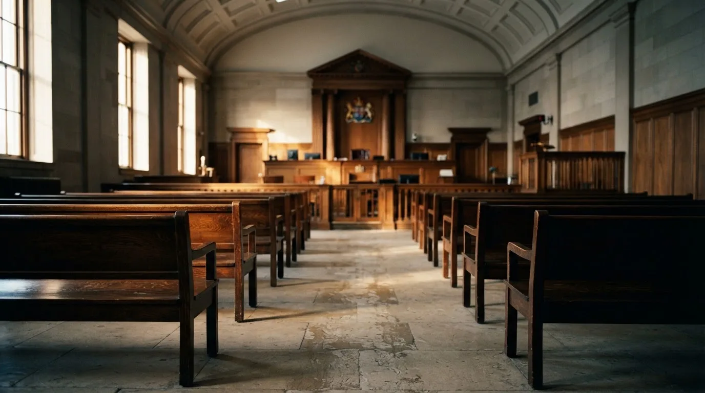 An empty courtroom with wooden benches in morning light