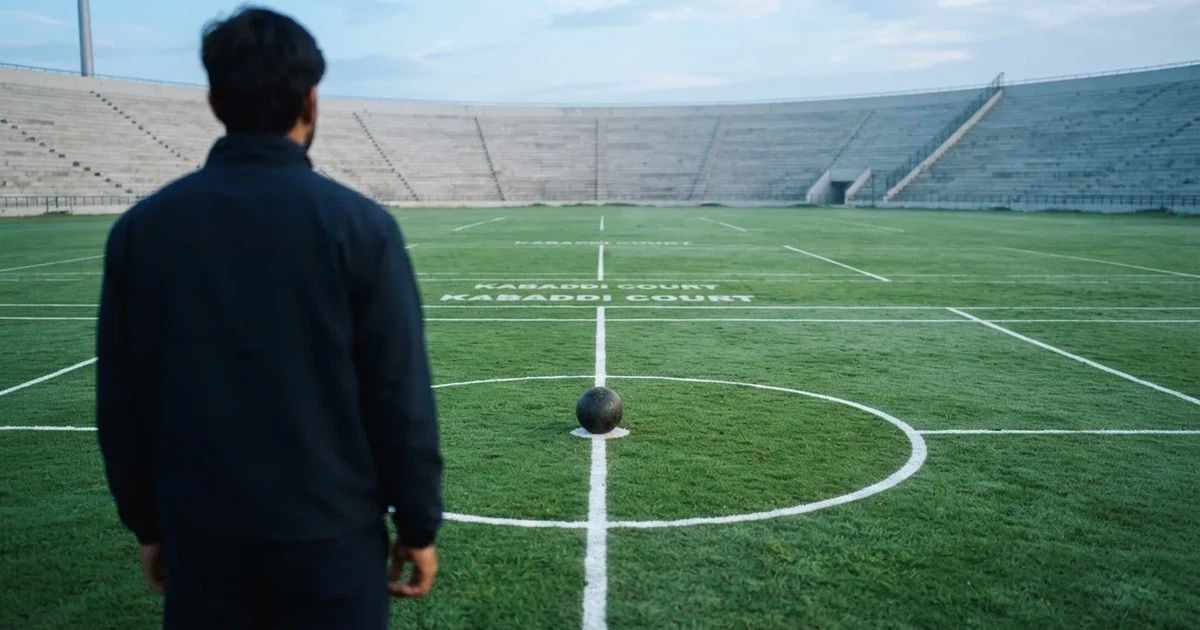 A ball on the centre spot of a grass pitch in morning light