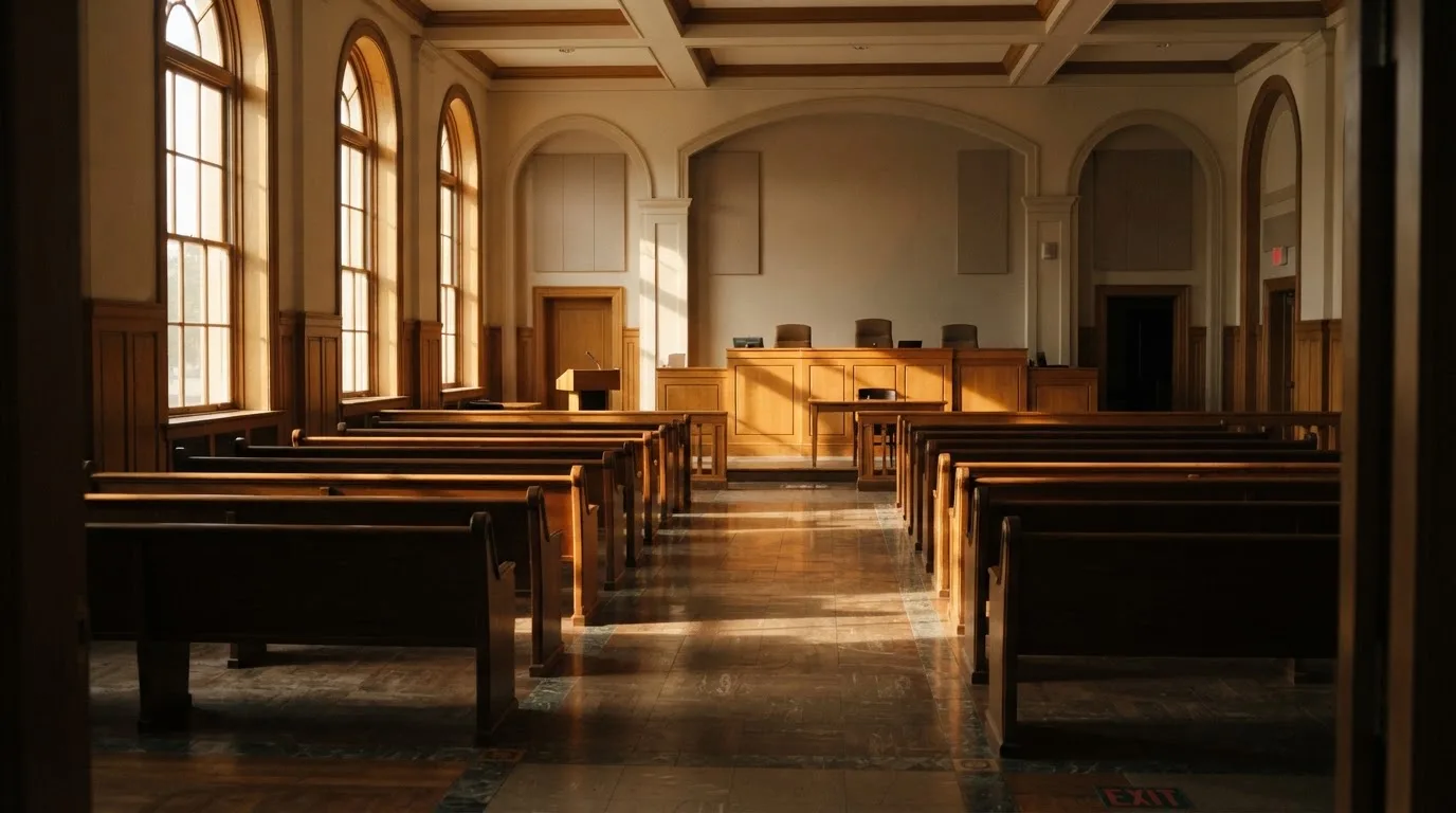 An empty courtroom with wooden benches in morning light