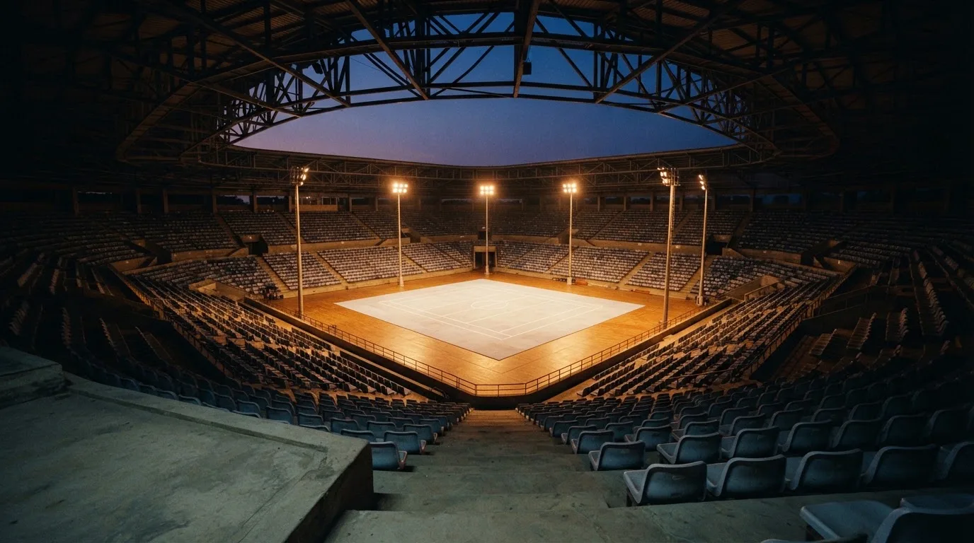 An empty football stadium with floodlight masts at dusk
