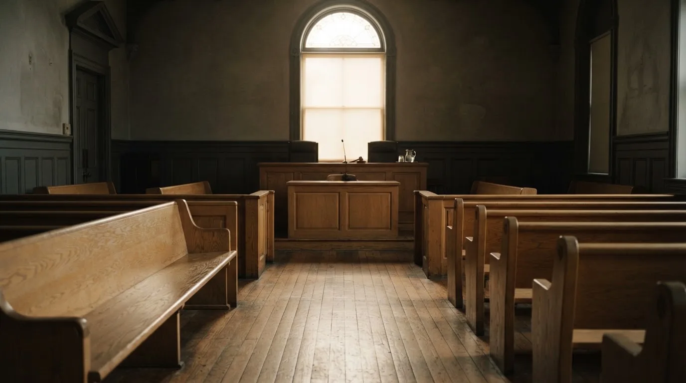 An empty courtroom with wooden benches in morning light