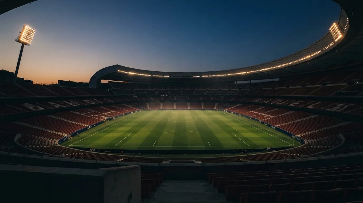 An empty football stadium with floodlight masts at dusk