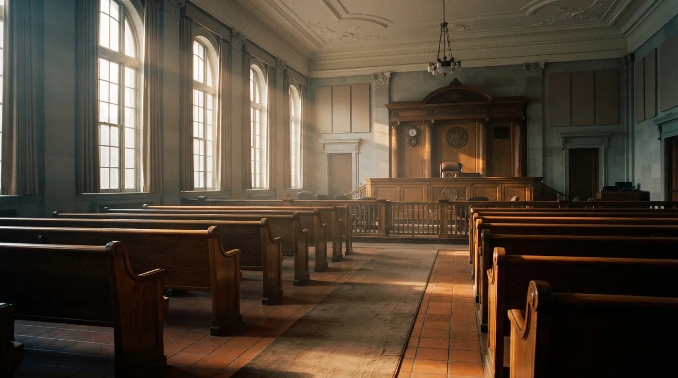 An empty courtroom with wooden benches in morning light