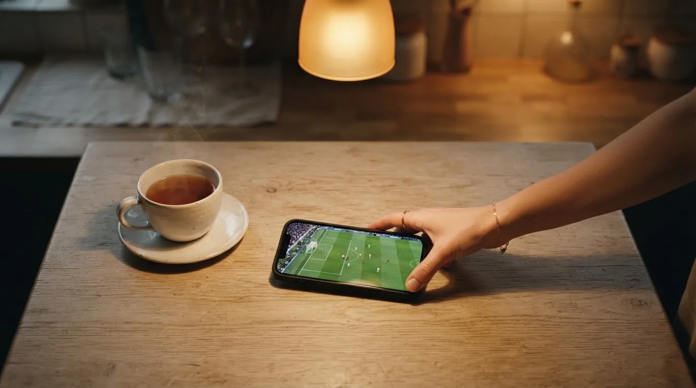 A hand setting a smartphone down beside a cup of tea on a kitchen table on a quiet evening
