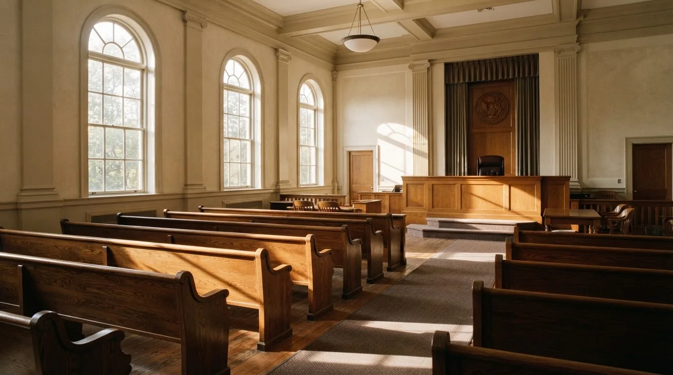 An empty courtroom with wooden benches in morning light