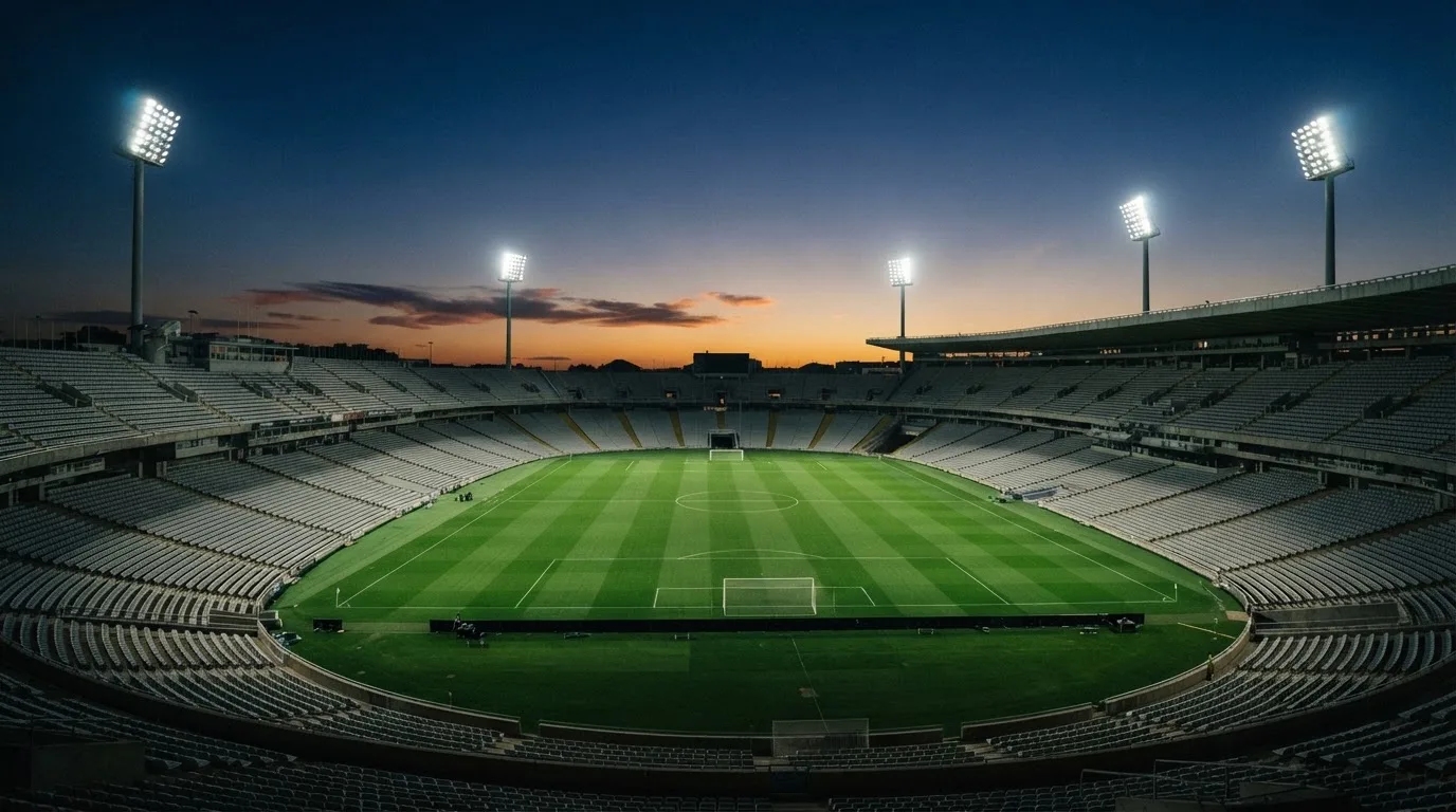 An empty football stadium with floodlight masts at dusk