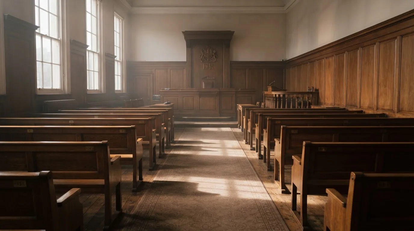 An empty courtroom with wooden benches in morning light