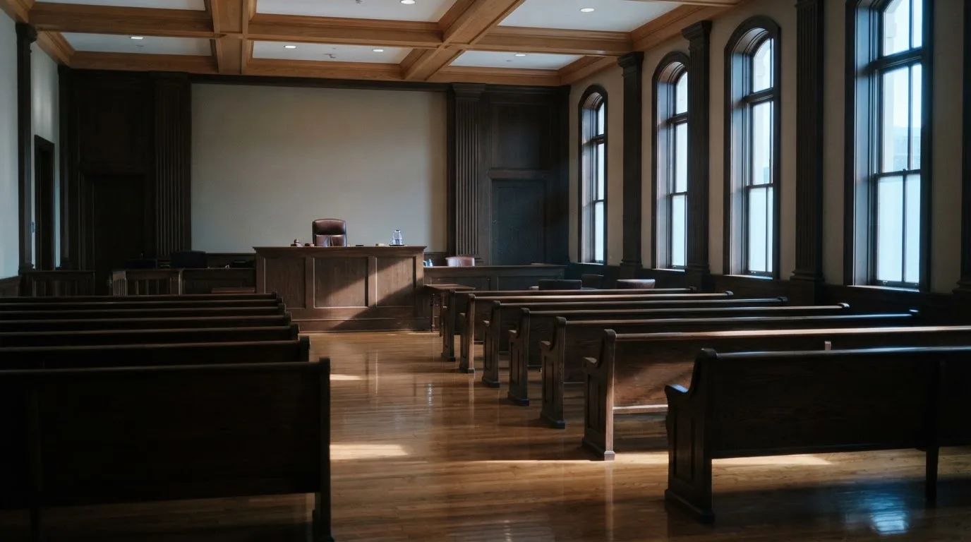 An empty courtroom with wooden benches in morning light