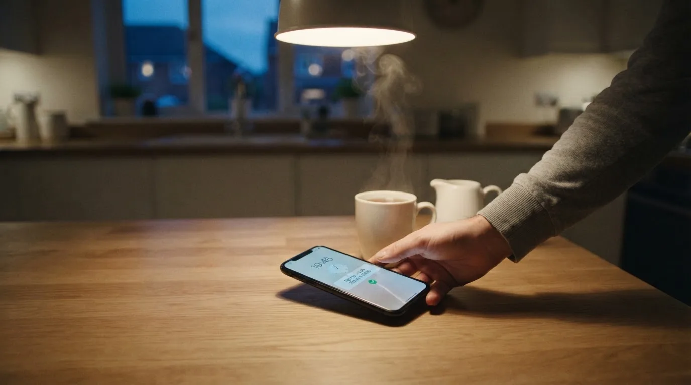 A hand setting a smartphone down beside a cup of tea on a kitchen table on a quiet evening