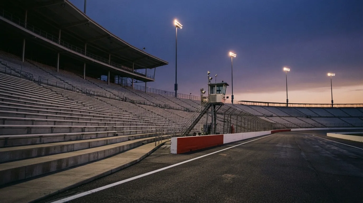 An empty football stadium with floodlight masts at dusk