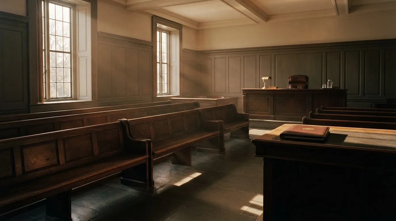 An empty courtroom with wooden benches in morning light