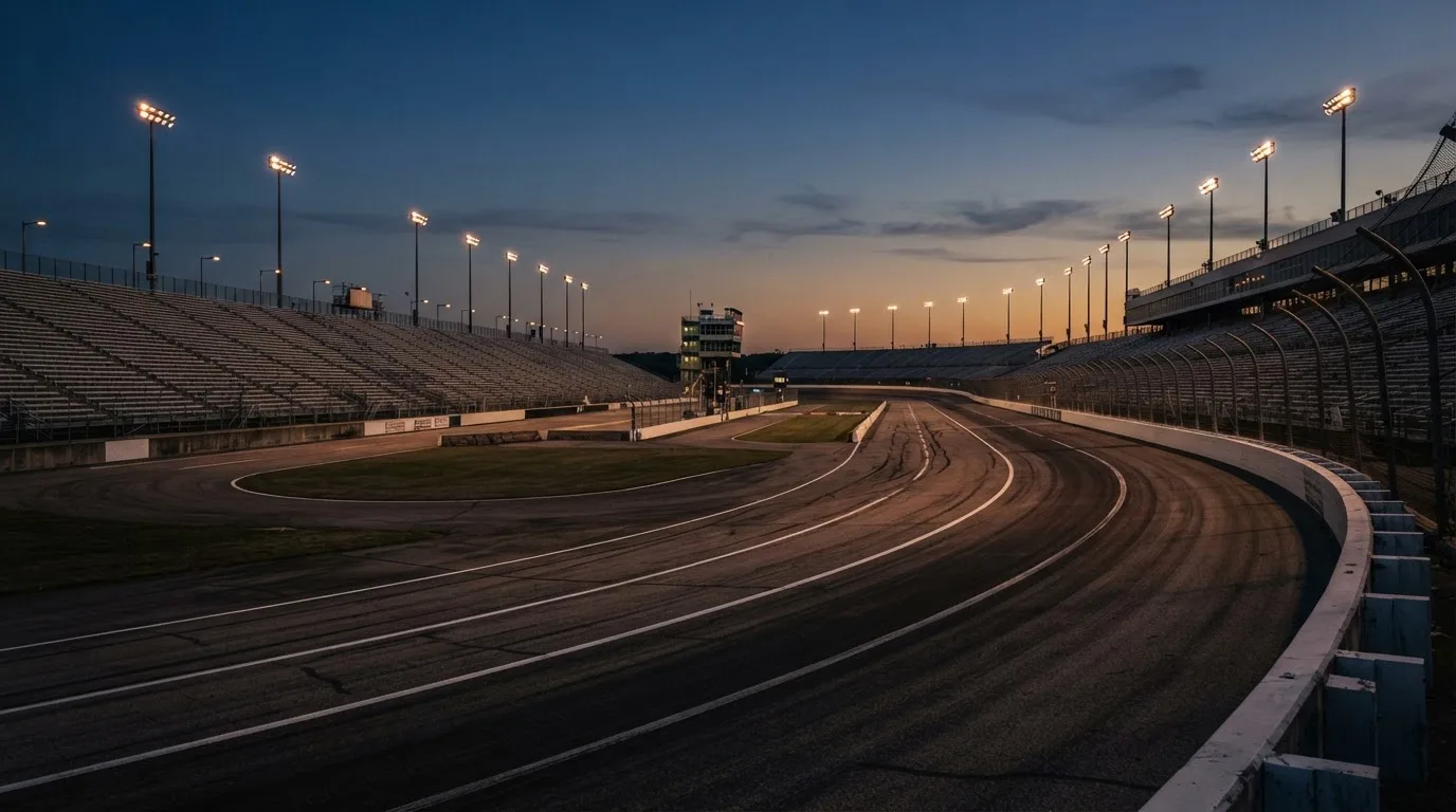 An empty football stadium with floodlight masts at dusk